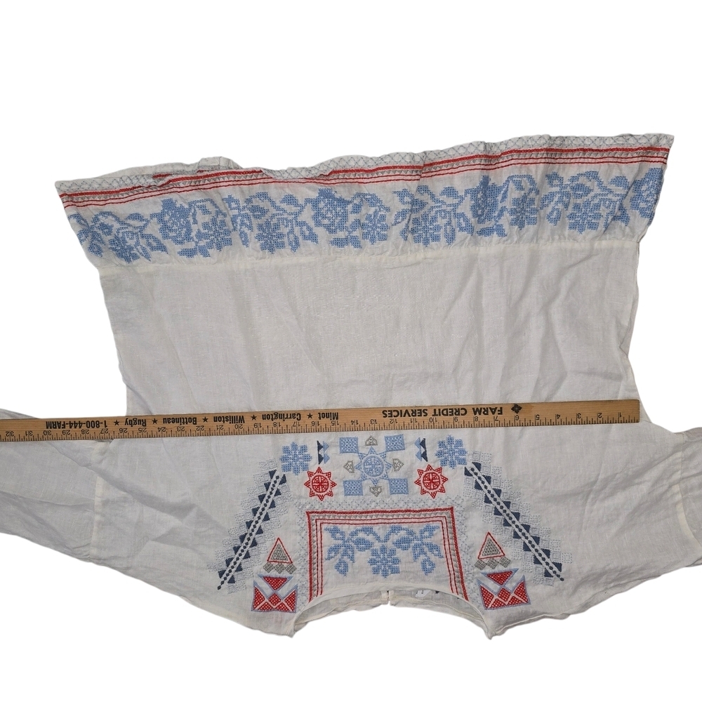 Johnny Was Mateo Linen White Blouse Top Blue & Coral Embroidery Size L - Picture 7 of 7
